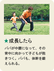 成長したら　パパが中腰になって、その背中に向かって子どもが抱きつく。パパも、体幹を鍛えられる。